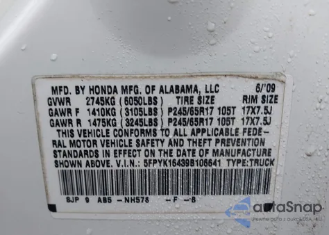 2009 Honda Ridgeline Rts from USA, damaged, VIN 5FPYK16439B106641